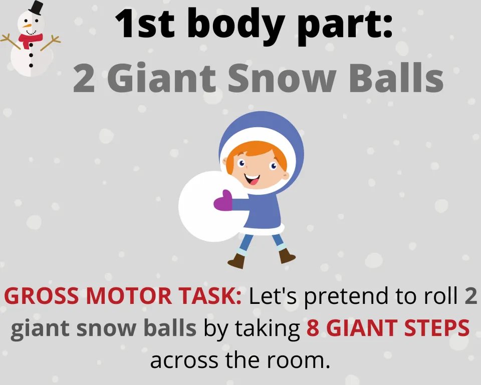 1st body part, 2 giant snow balls: children pretend to roll the snowballs by taking 8 giant steps across the room