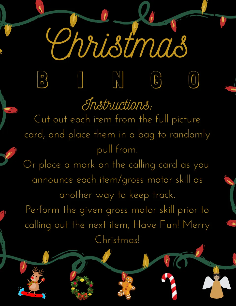 Bingo instructions: draw cut-out pictures or mark the calling card, then perform each movement before continuing