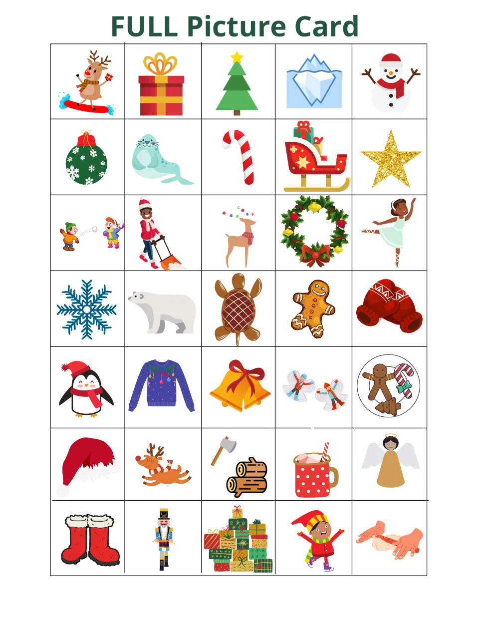 Full picture card for bingo: 35 items to cut apart, including a reindeer, gift, tree, iceberg, and snowman