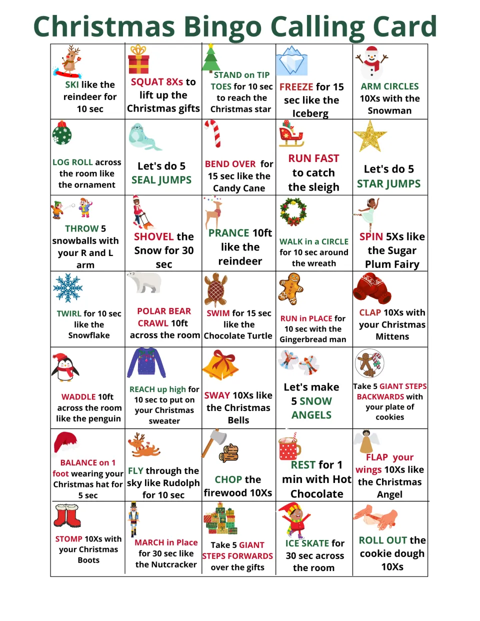 Bingo calling card with 35 prompts, including eight squats, five seal jumps, and a 10-foot polar bear crawl