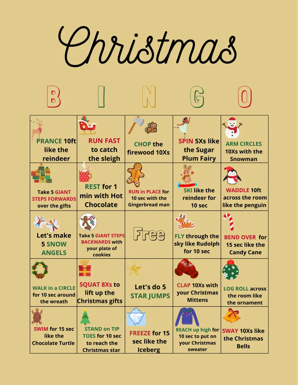 Bingo card 1: 24 movement prompts and a free space, including five star jumps and bending like a candy cane