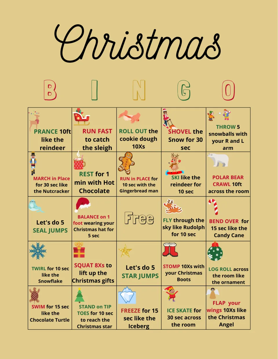 Bingo card 2: 24 movement prompts and a free space, including rolling cookie dough and balancing on one foot