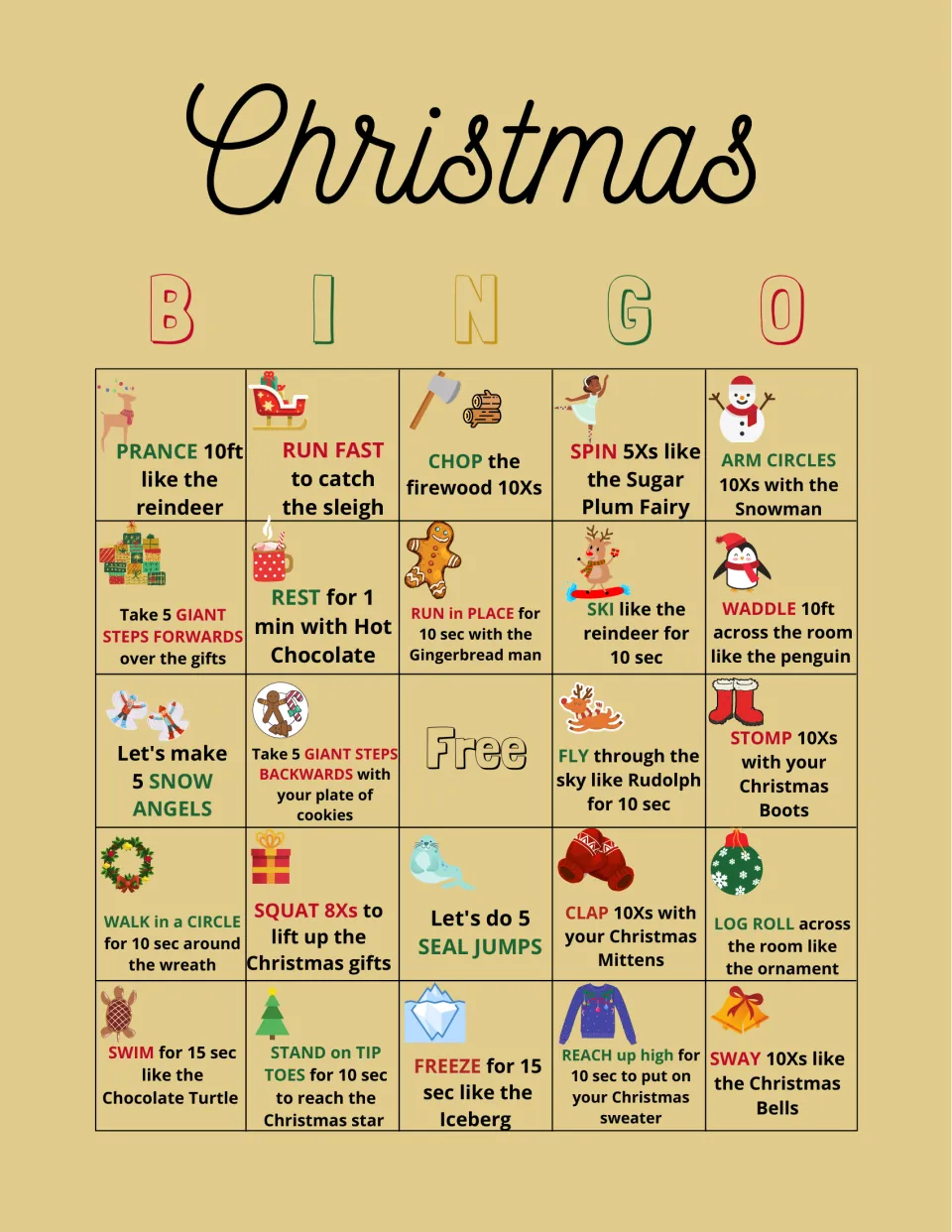 Bingo card 3: 24 movement prompts and a free space, including five seal jumps and stomping in Christmas boots