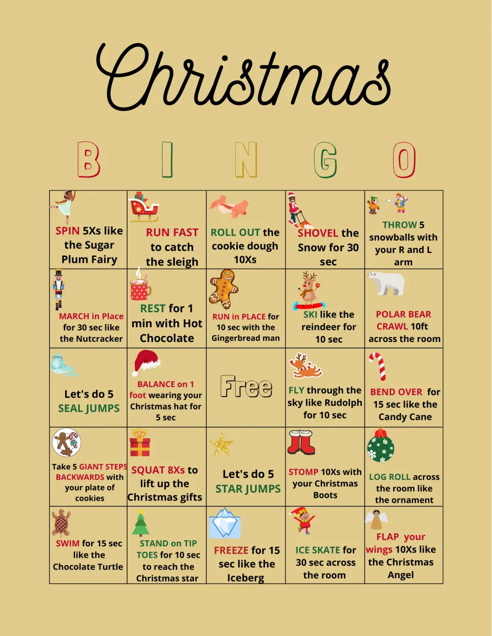 Bingo card 4: 24 movement prompts and a free space, including spinning like the Sugar Plum Fairy and balancing