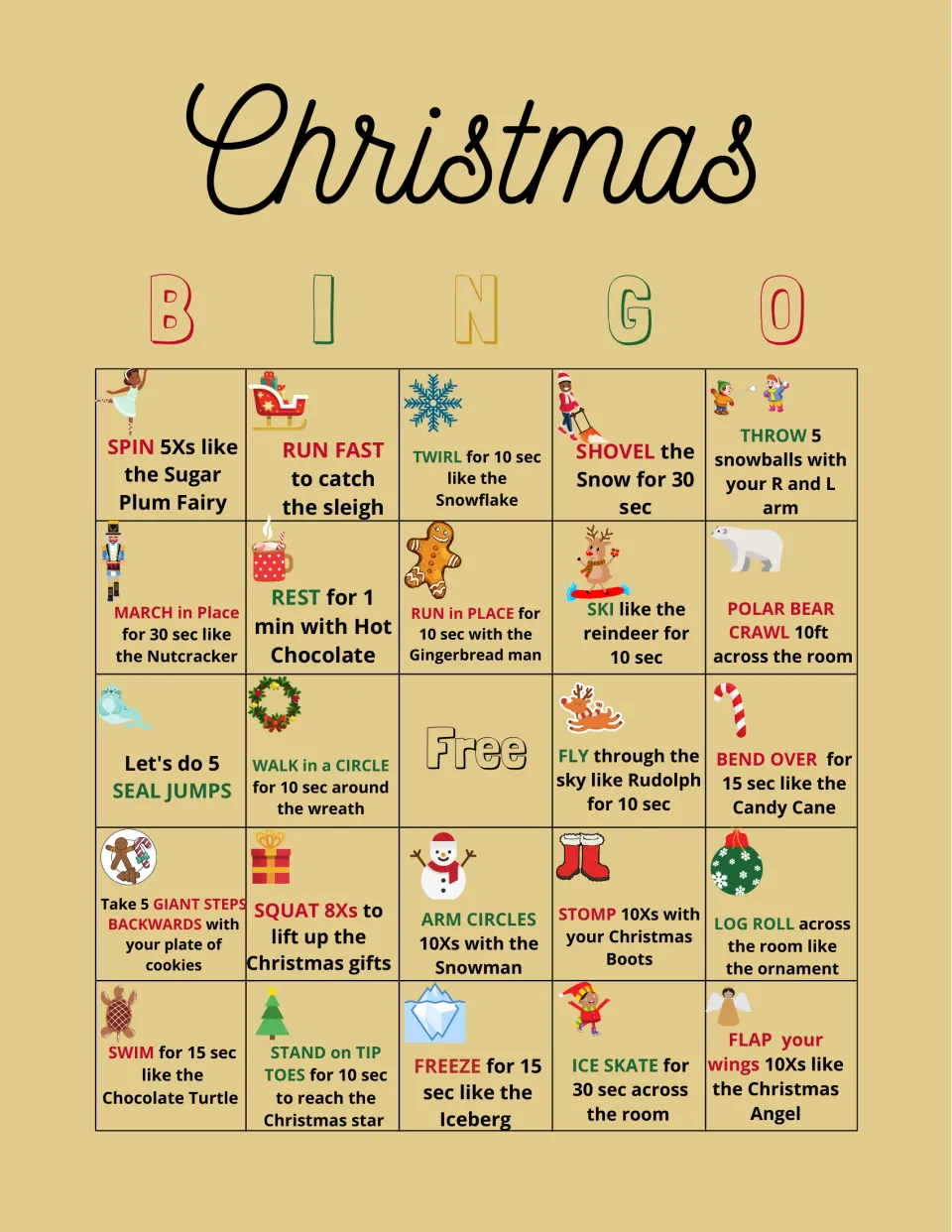 Bingo card 5: 24 movement prompts and a free space, including twirling like a snowflake and snowman arm circles