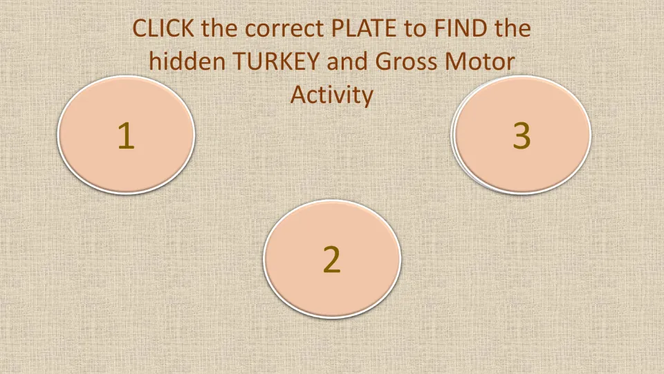 Turkey dinner game round 3: choose plate 1, 2, or 3 to find the hidden turkey and reveal a gross motor activity.