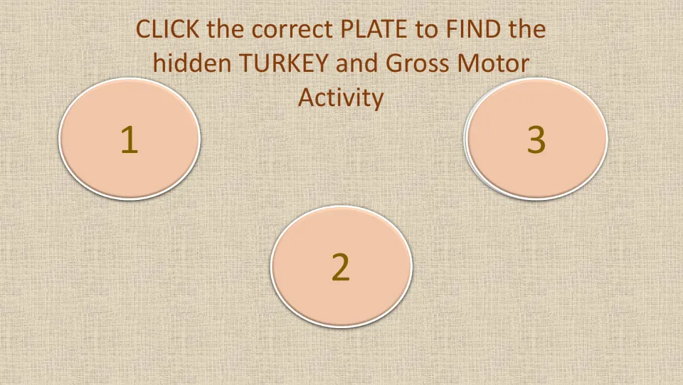 Turkey dinner game round 6: choose plate 1, 2, or 3 to find the hidden turkey and reveal a gross motor activity.