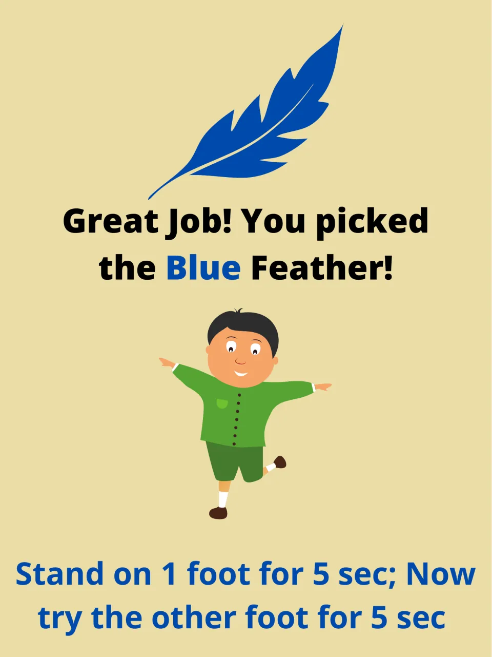 Blue feather balance card: children stand on one foot for 5 seconds, then switch to the other foot; a boy balances arms out