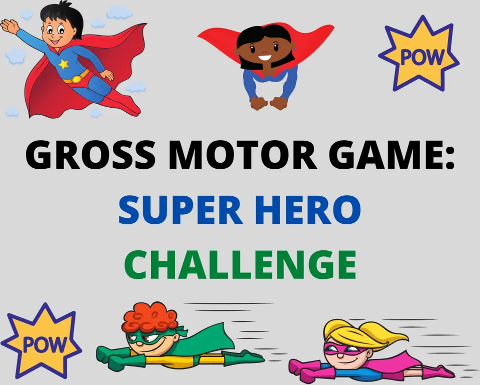 Gross Motor Game: Super Hero Challenge cover showing four caped kid superheroes flying, with POW bursts