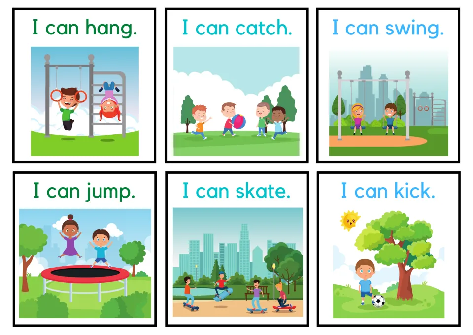 Six movement cards, first set: I can hang, catch, swing, jump, skate and kick, each with children acting out the move