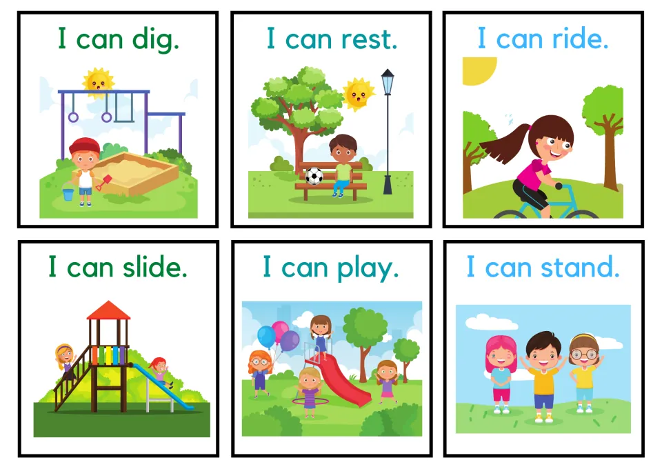 Six action cards: I can dig, rest, ride, slide, play and stand, pictured as sandbox digging, bench rest, biking and a slide