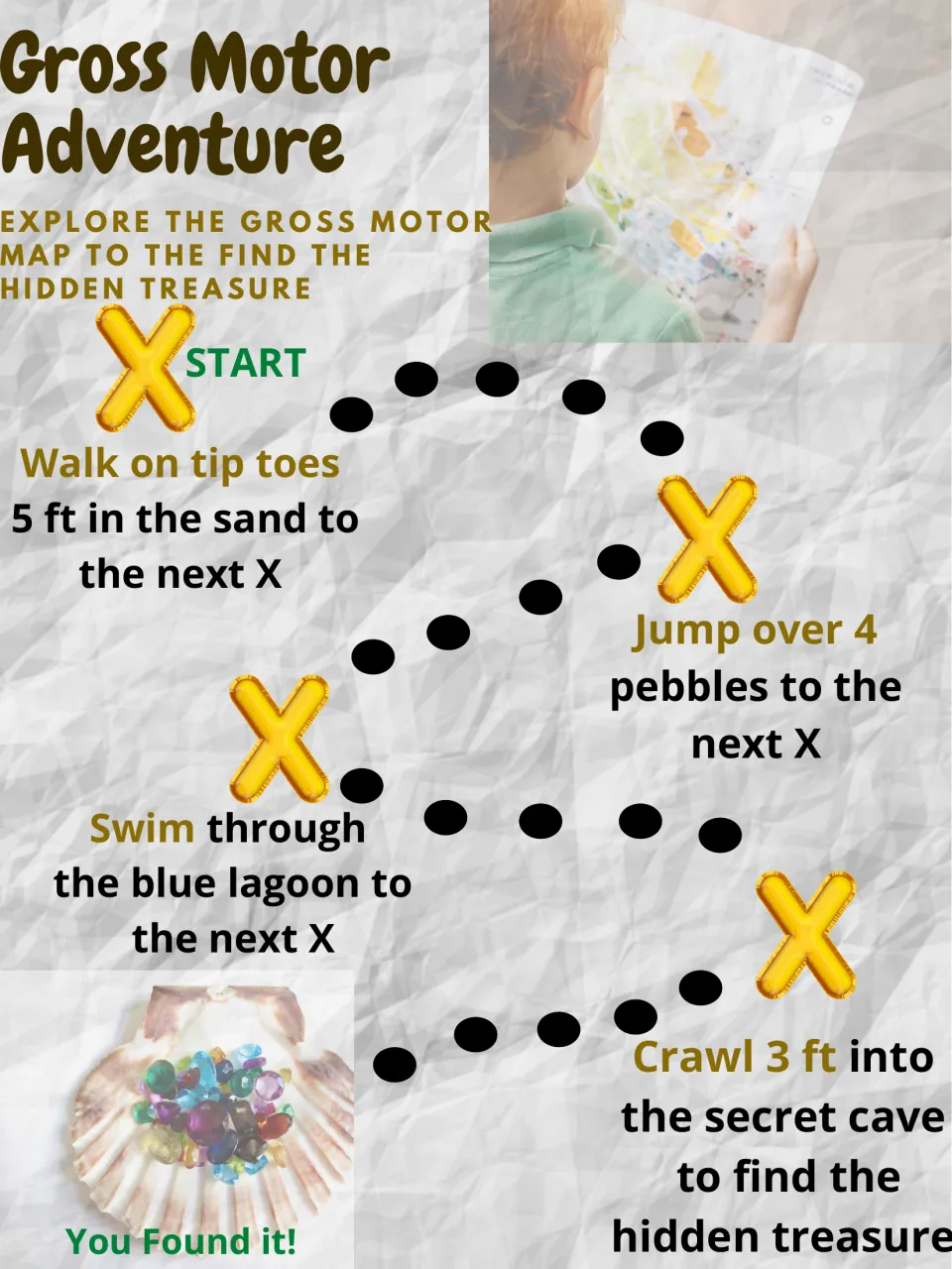 Gross motor treasure map: students tiptoe 5 ft, jump over 4 pebbles, swim a lagoon and crawl 3 ft to find treasure