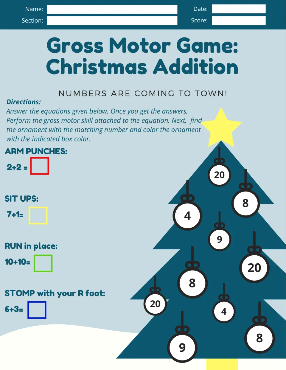Addition worksheet 2: arm punches, sit-ups, running in place, and right-foot stomps; ornaments show 4, 8, 20, 9