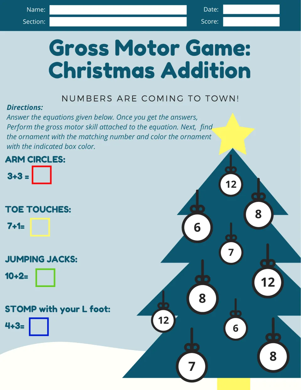 Addition worksheet 3: arm circles, toe touches, jumping jacks, and left-foot stomps; solve 3+3, 7+1, 10+2, 4+3
