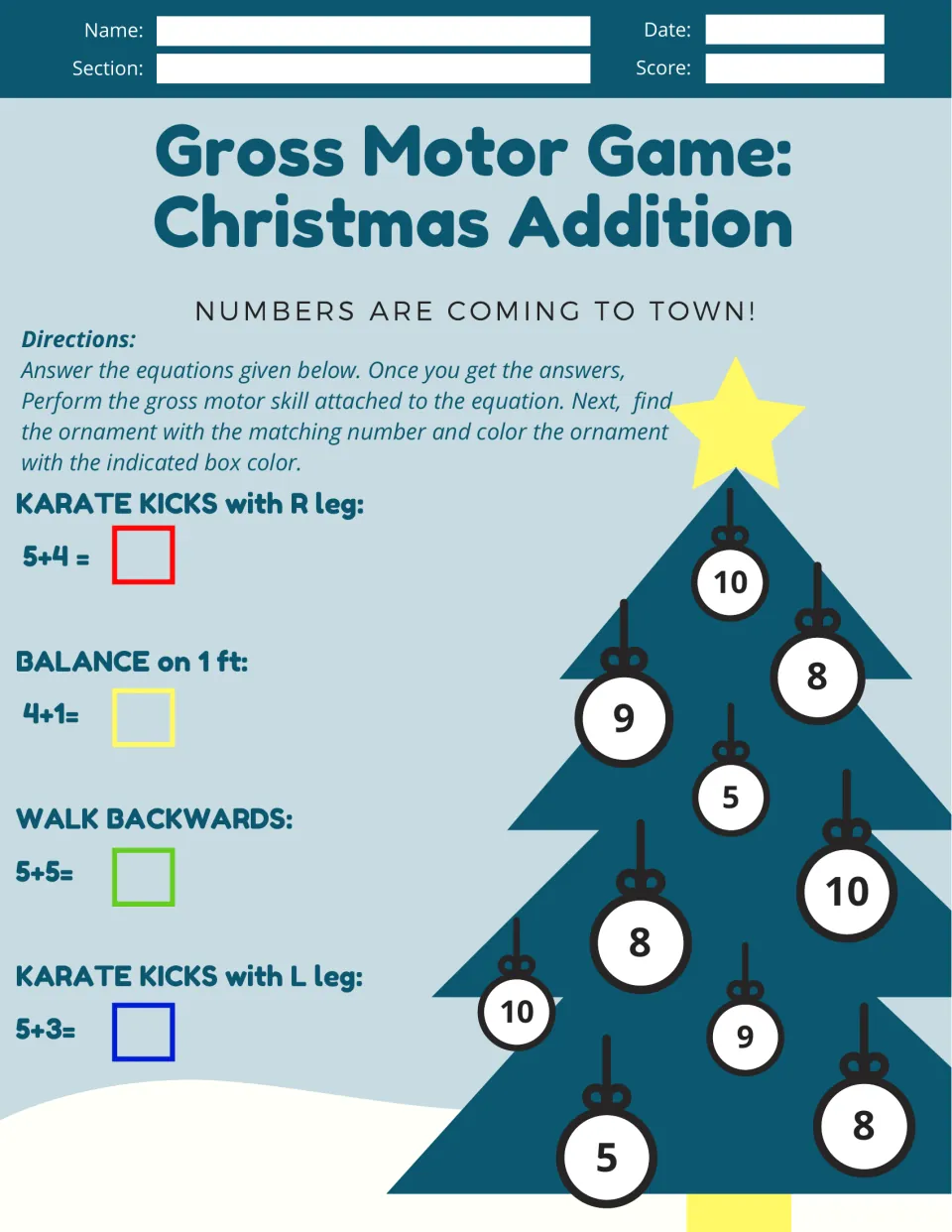 Addition worksheet 4: right- and left-leg karate kicks, balancing on one foot, and walking backward