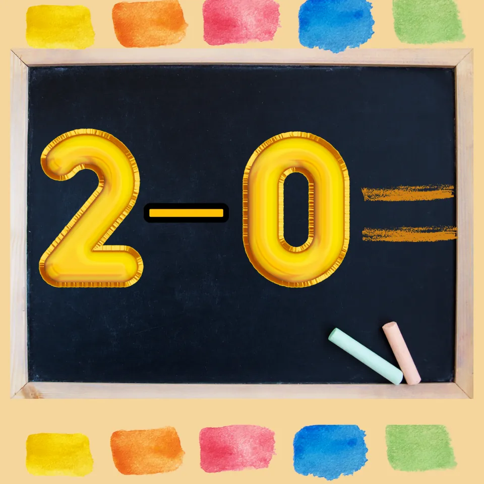 First subtraction problem in the movement game: 2 minus 0, with the answer left for students to solve