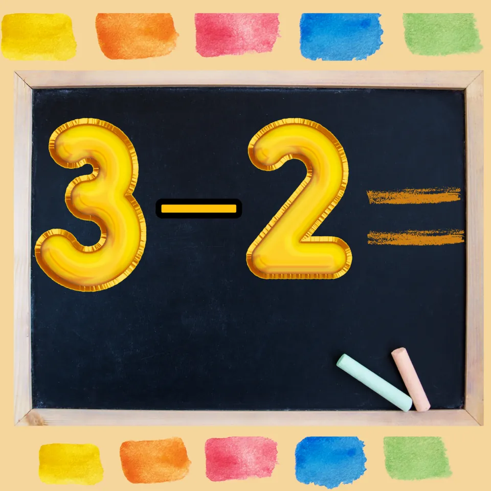 Second subtraction problem in the movement game: 3 minus 2, with the answer left for students to solve