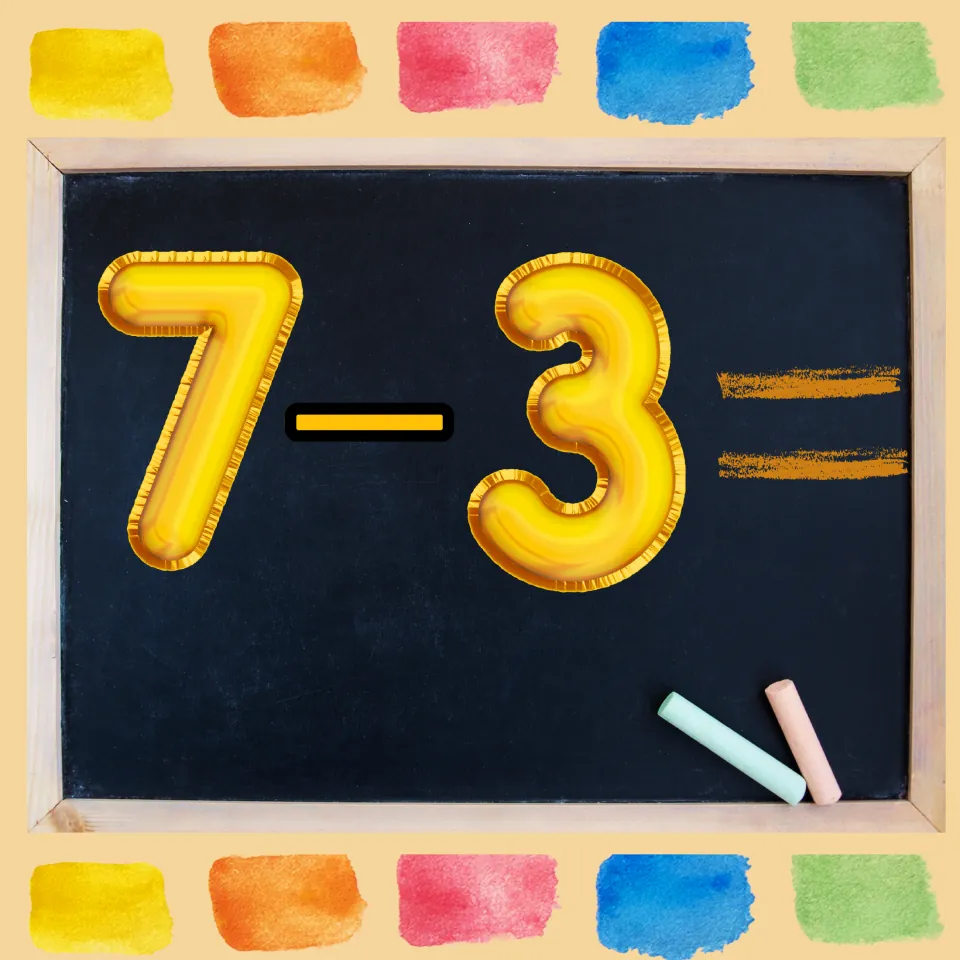 Third subtraction problem in the movement game: 7 minus 3, with the answer left for students to solve