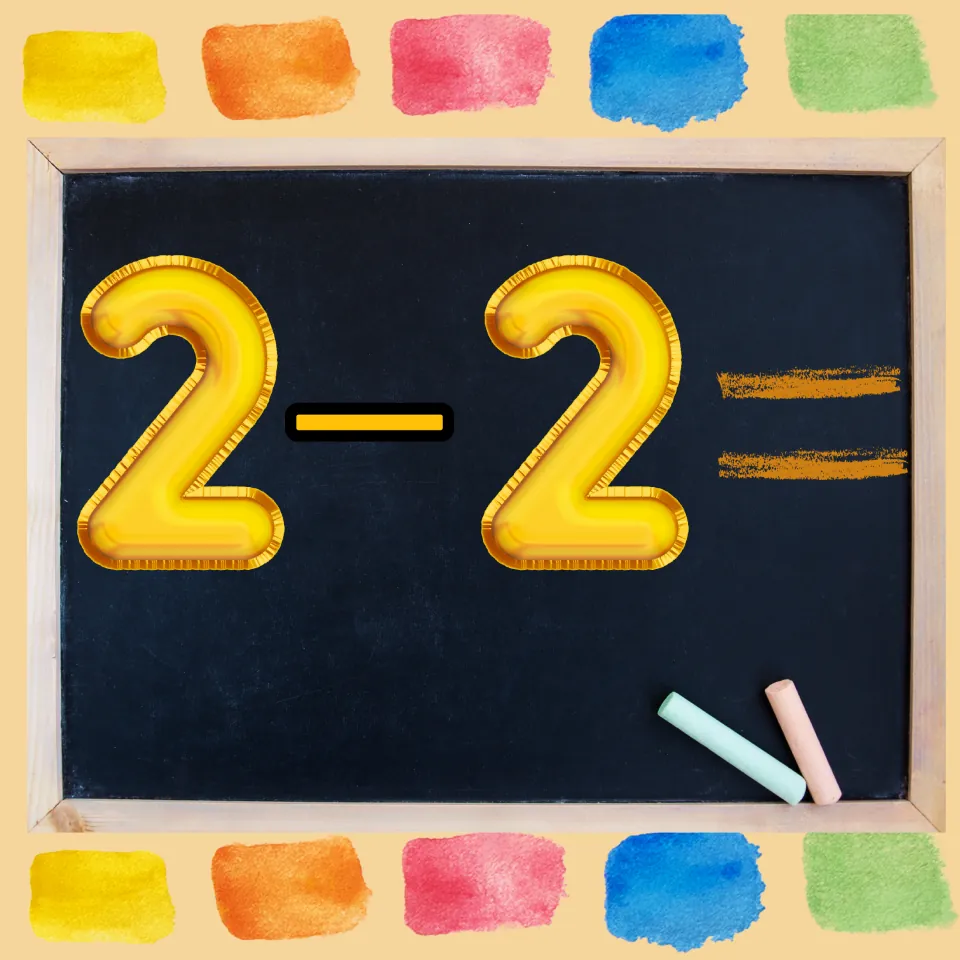 Fourth subtraction problem in the movement game: 2 minus 2, with the answer left for students to solve