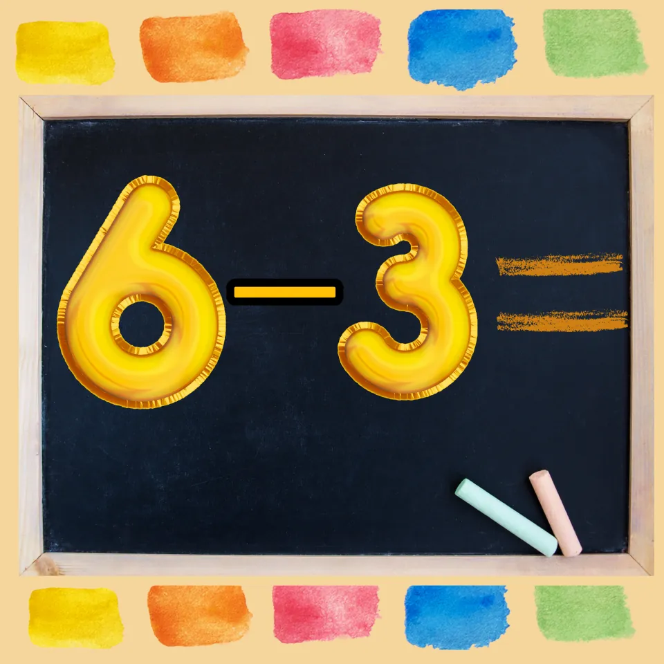 Fifth subtraction problem in the movement game: 6 minus 3, with the answer left for students to solve