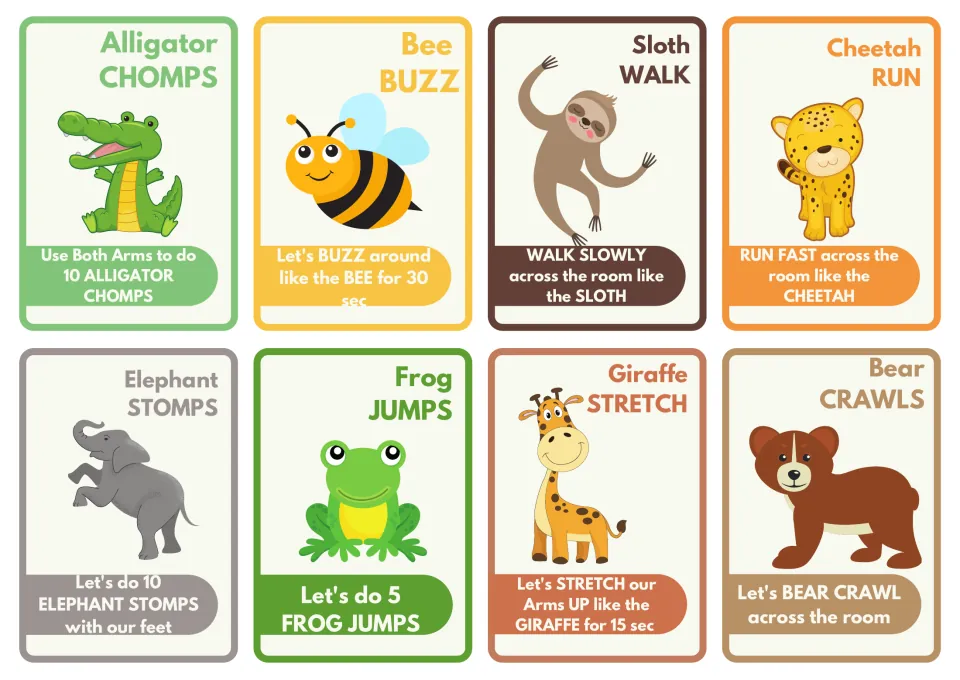 Animal movement cards 1–8: alligator chomps, bee buzz, sloth walk, cheetah run, and four more movements