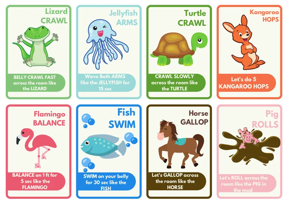 Animal movement cards 9–16: lizard crawl, jellyfish arms, turtle crawl, kangaroo hops, and four more movements