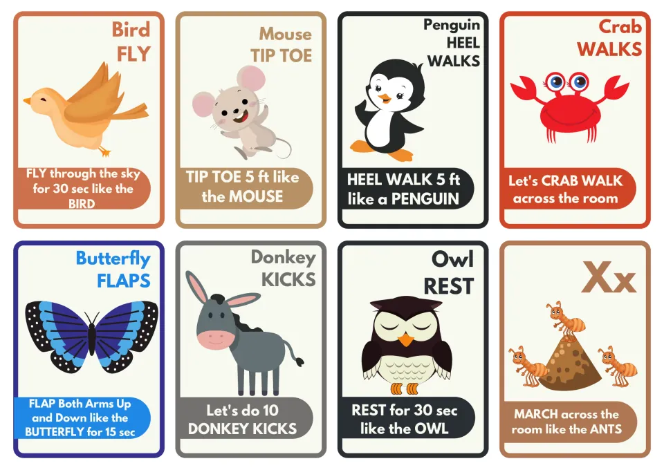 Animal movement cards 17–24: bird fly, mouse tiptoe, penguin heel walks, crab walks, and four more movements