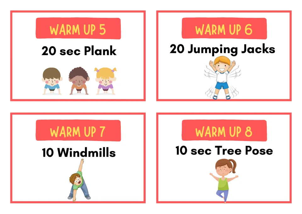 Warm up cards 5 to 8: students hold a 20 sec plank, do 20 jumping jacks and 10 windmills, then balance in tree pose