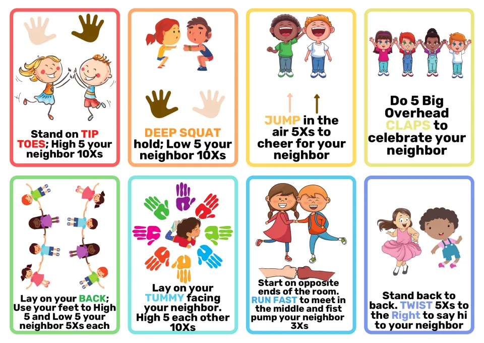 Eight partner movement cards: students tiptoe, squat, jump, clap, lie down, run and twist, high-fiving a neighbor