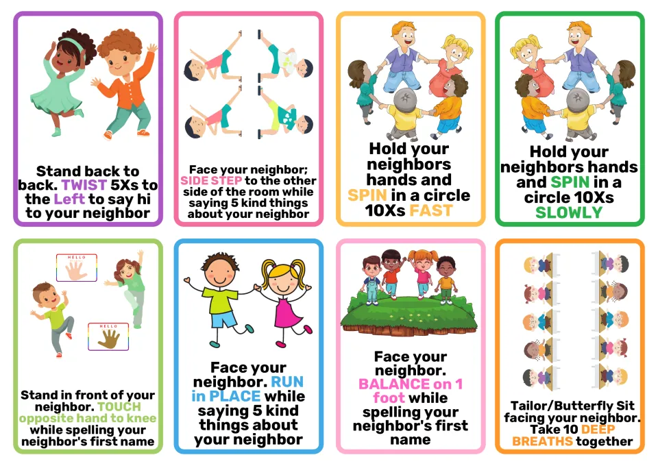 Eight more partner moves: twist left, side step, spin in a circle, balance on 1 foot, spell names and take deep breaths