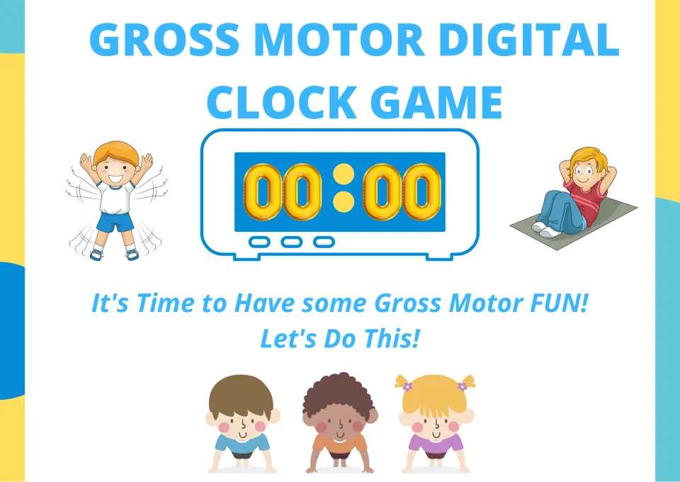 Gross Motor Digital Clock Game cover: a 00:00 digital clock with children doing jumping jacks, sit-ups and push-ups