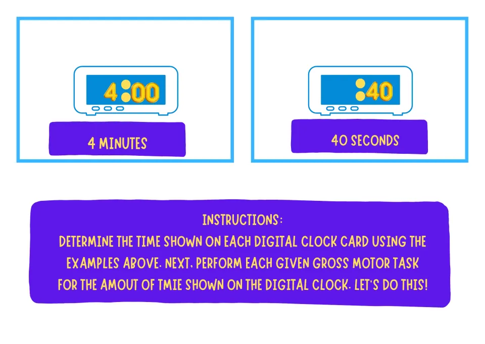 Reading digital clock time: examples show 4:00 as 4 minutes and :40 as 40 seconds, then do each task for that long