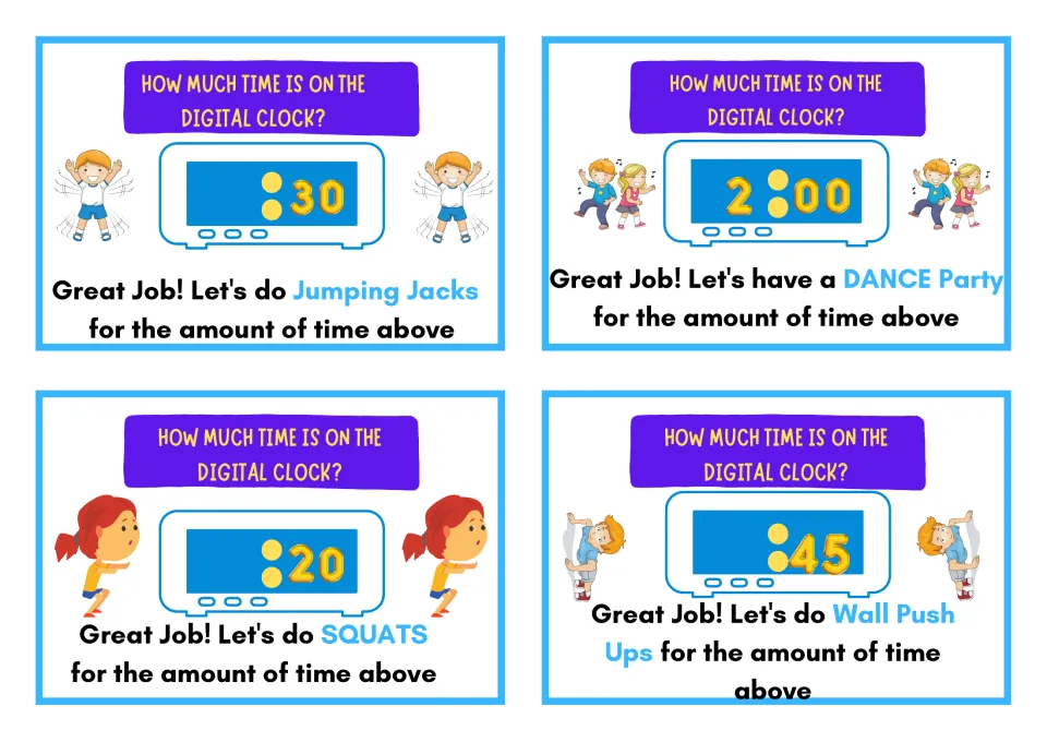 Clock time cards: students read :30, 2:00, :20 and :45, then do jumping jacks, a dance party, squats or wall push-ups