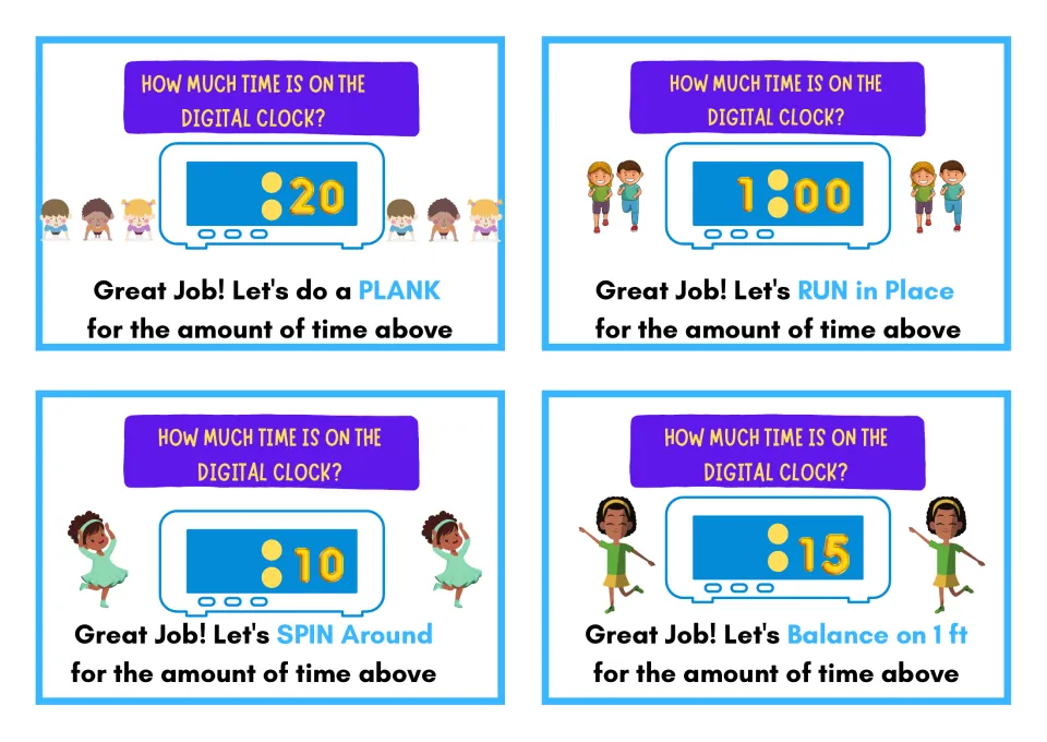 Movement cards: students read :20, 1:00, :10 and :15, then plank, run in place, spin around or balance on 1 foot