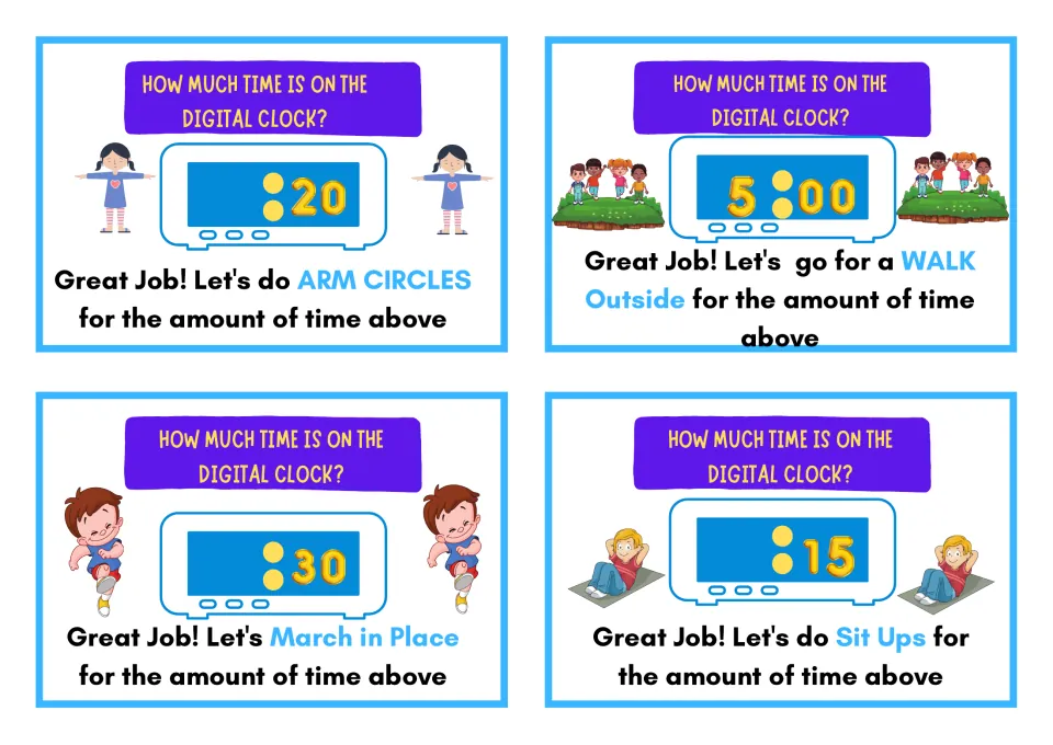 Exercise cards: students read :20, 5:00, :30 and :15, then do arm circles, walk outside, march in place or sit-ups
