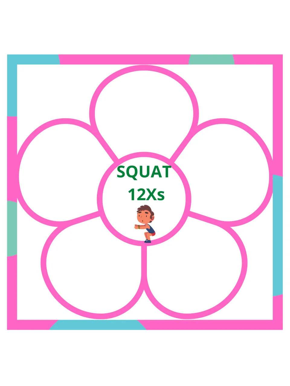 Gross motor flower card 2 of 15: squat 12 times, with an illustration of a child in a squatting position