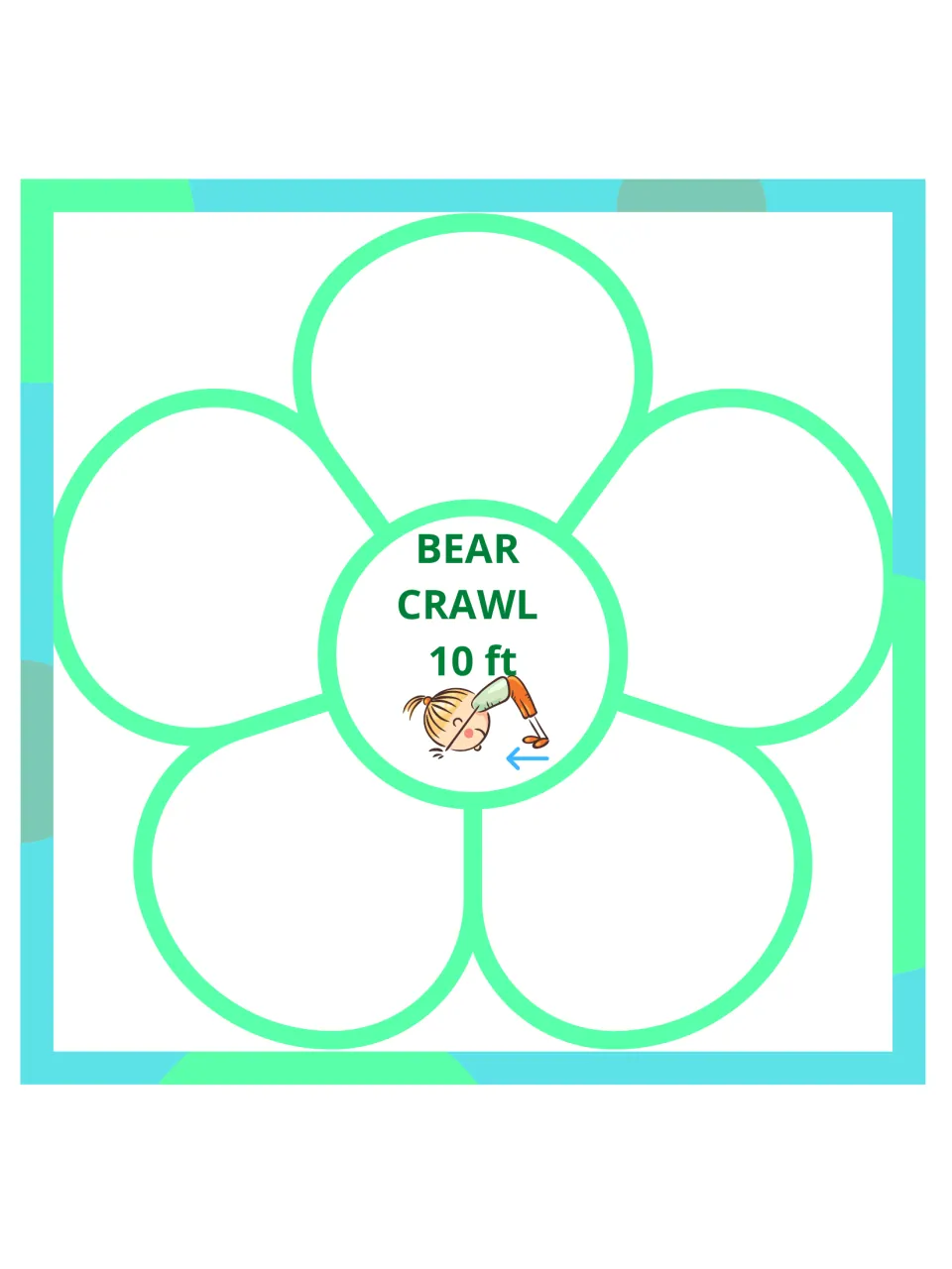 Gross motor flower card 3 of 15: bear crawl for 10 feet, with a child demonstrating the movement