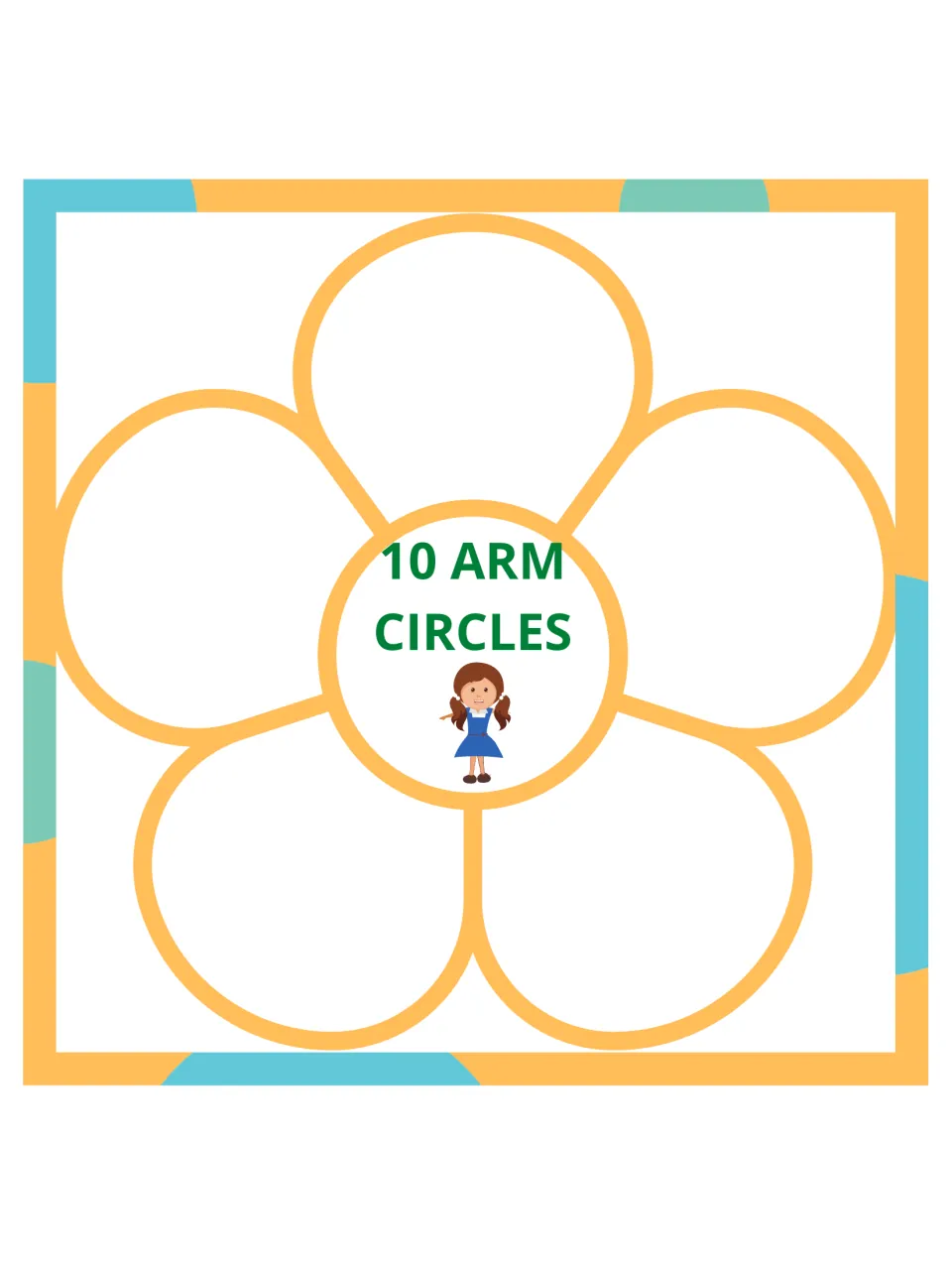 Gross motor flower card 4 of 15: do 10 arm circles, with a child pictured beneath the movement prompt