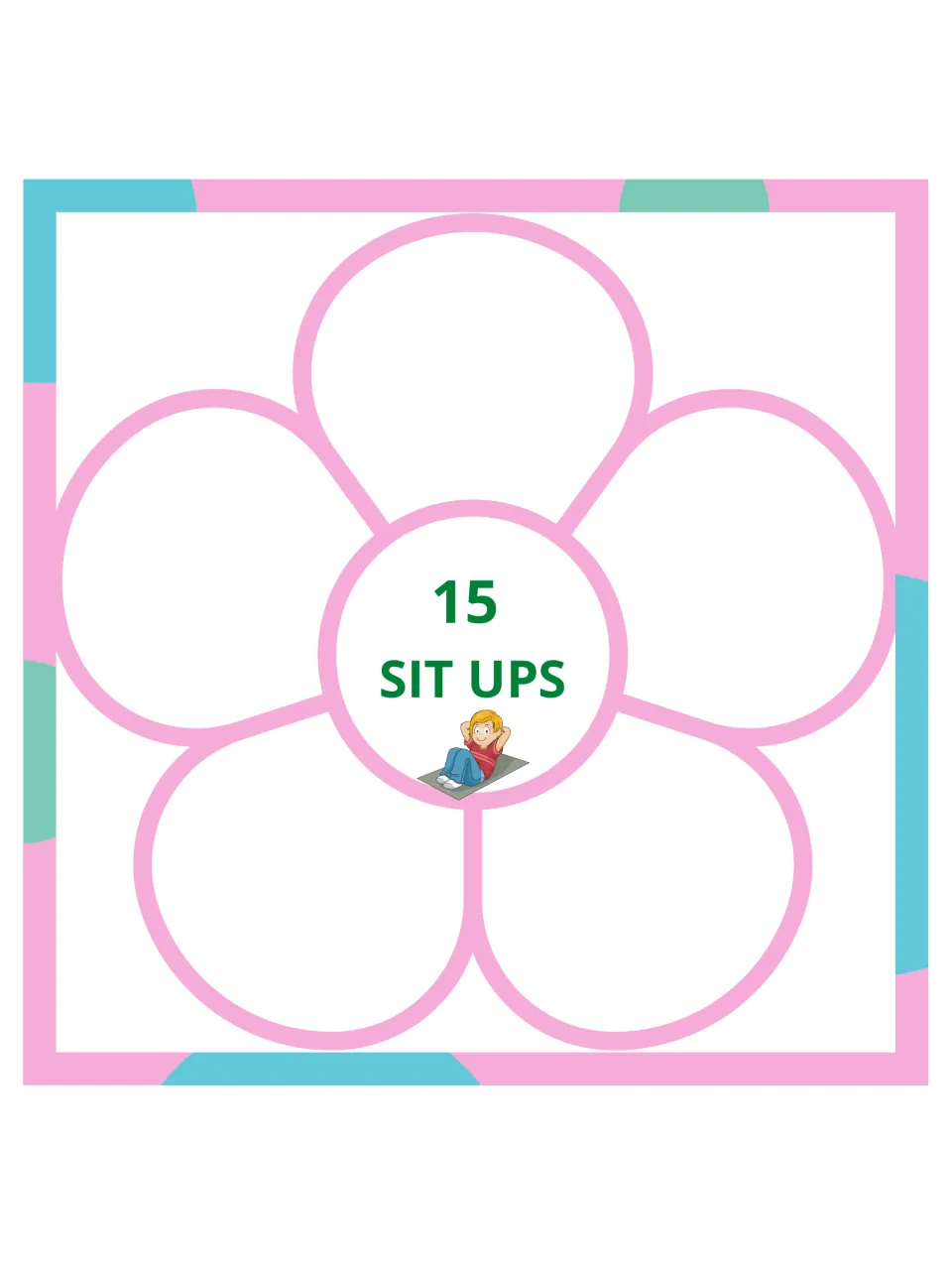 Gross motor flower card 5 of 15: do 15 sit-ups, with an illustration of a child exercising on a mat