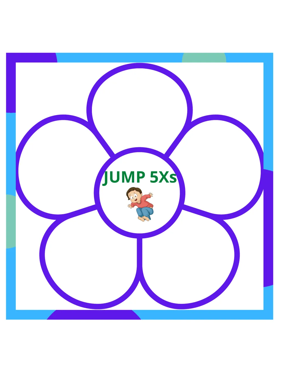 Gross motor flower card 6 of 15: jump five times, with an illustration of a child jumping into the air