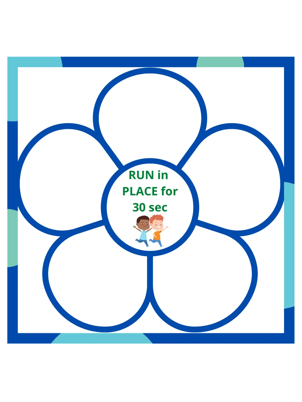 Gross motor flower card 7 of 15: run in place for 30 seconds, with an illustration of two children running