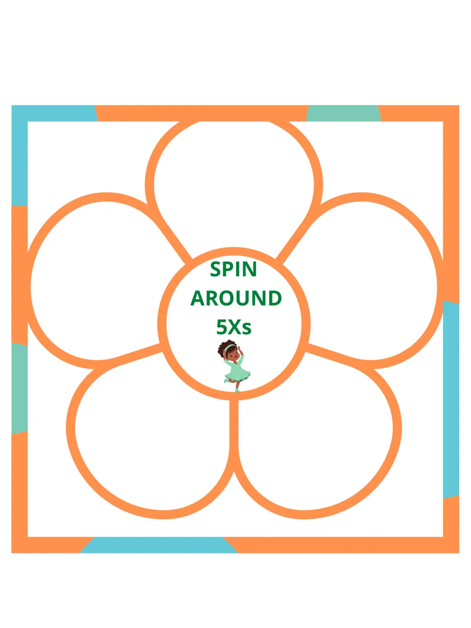 Gross motor flower card 8 of 15: spin around five times, with a child pictured beneath the task prompt