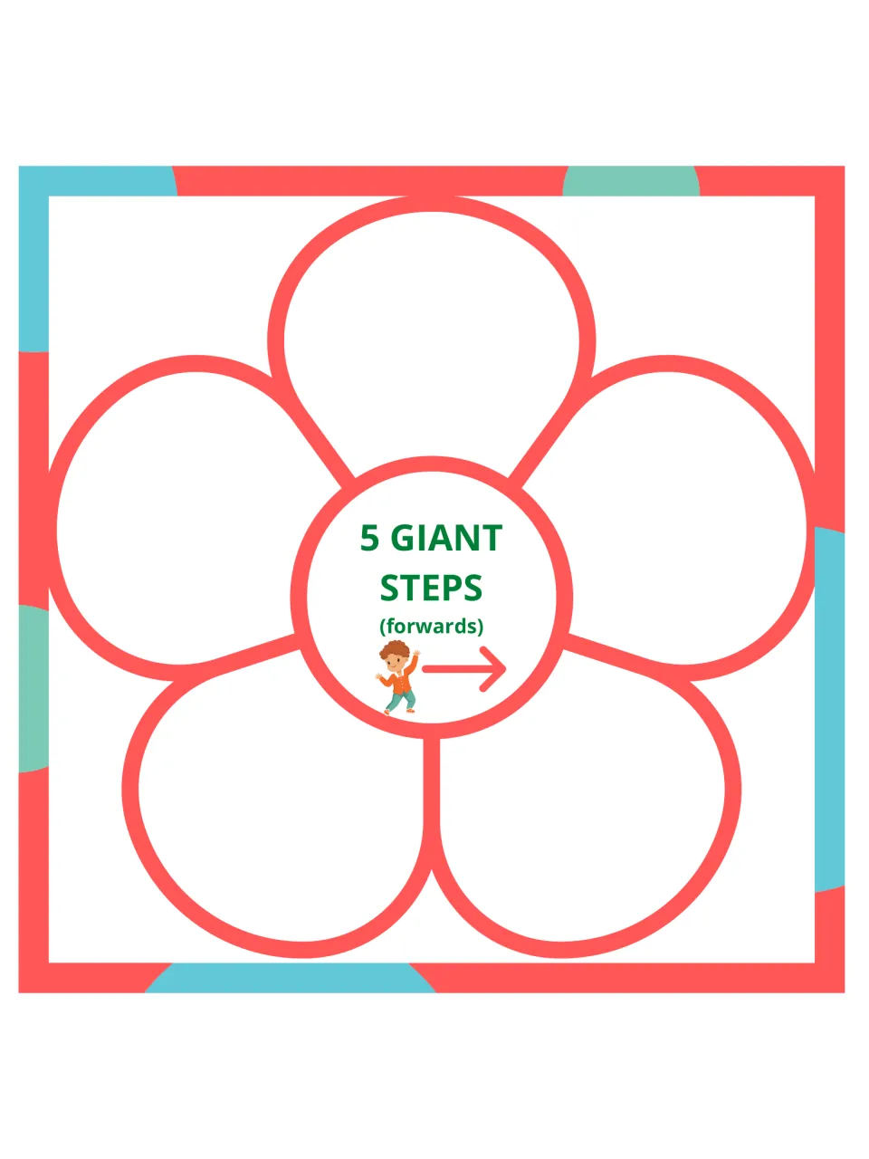 Gross motor flower card 9 of 15: take five giant steps forward, with a stepping child and a direction arrow