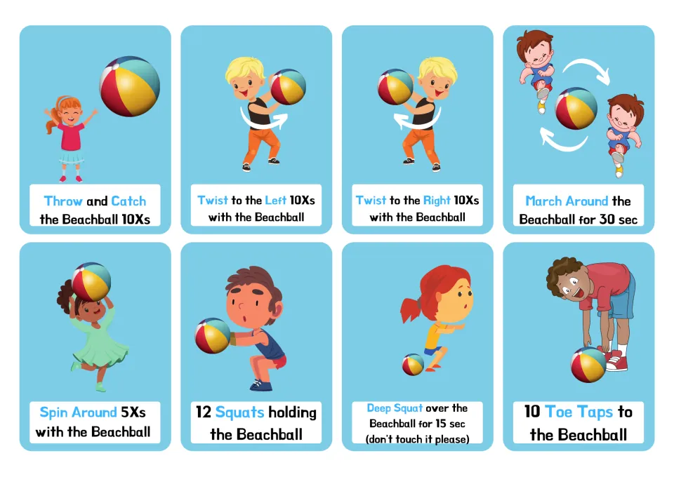 First 8 beach ball cards: students throw and catch, twist left and right, march, spin, squat and do toe taps