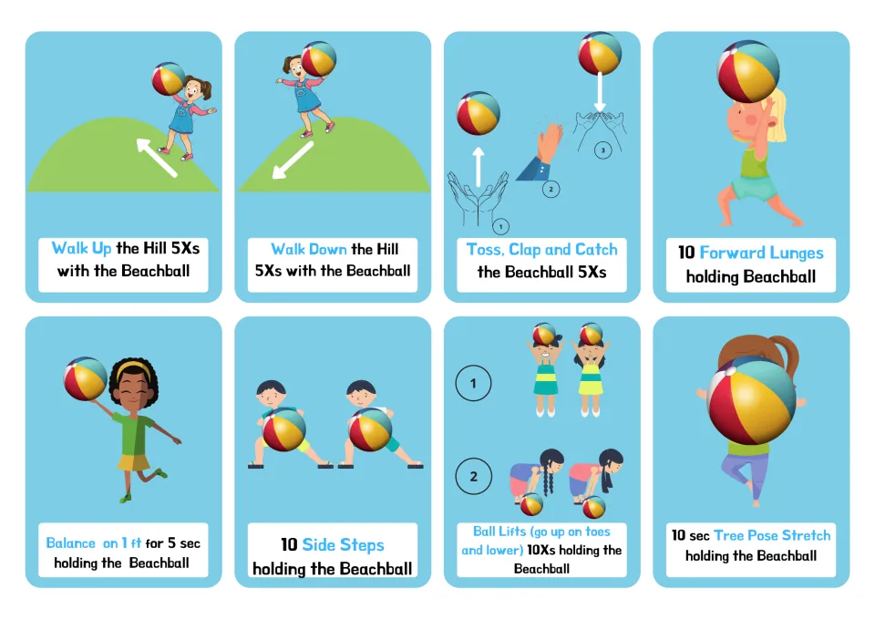 Balance and coordination cards: walking up and down a hill, toss-clap-catch, lunges, one-foot balance and tree pose