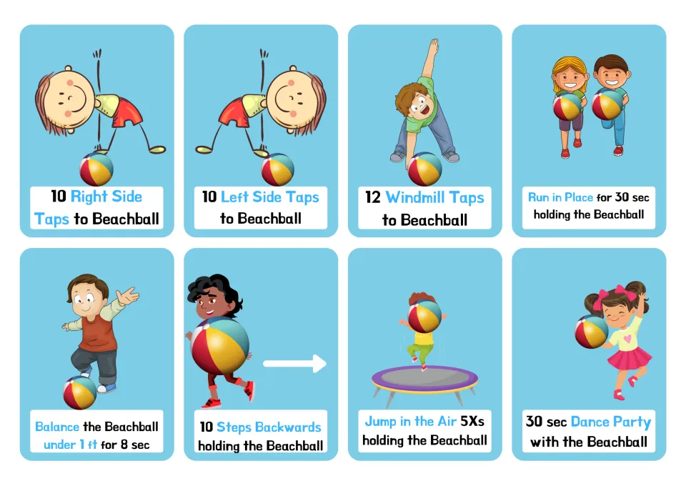 Final 8 beach ball cards: side and windmill taps, running in place, steps backwards, jumping and a 30-second dance party