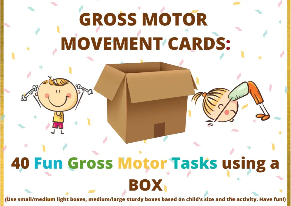 Gross Motor Movement Cards cover: 40 tasks using a box, shown with a cardboard box and two cartoon kids exercising