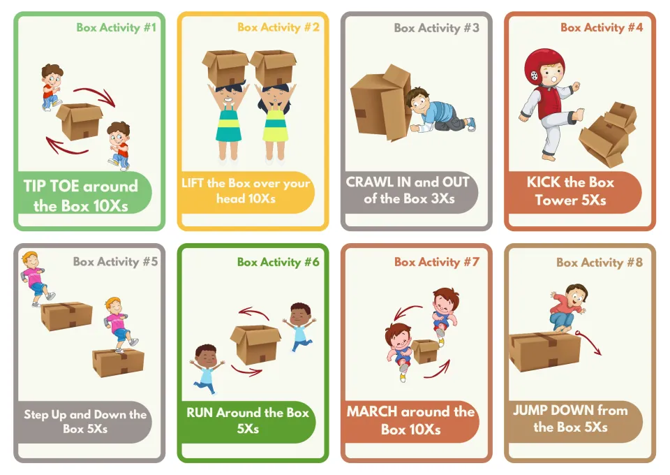 Box Activity cards 1-8: students tip toe, lift, crawl in and out, kick, step up, run, march around and jump down from a box