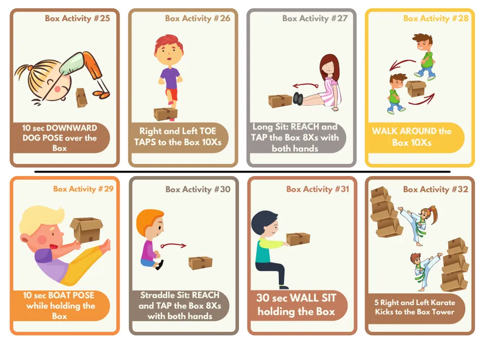 Box Activity cards 25-32: students hold downward dog and boat pose, toe tap, reach to tap, wall sit and karate kick
