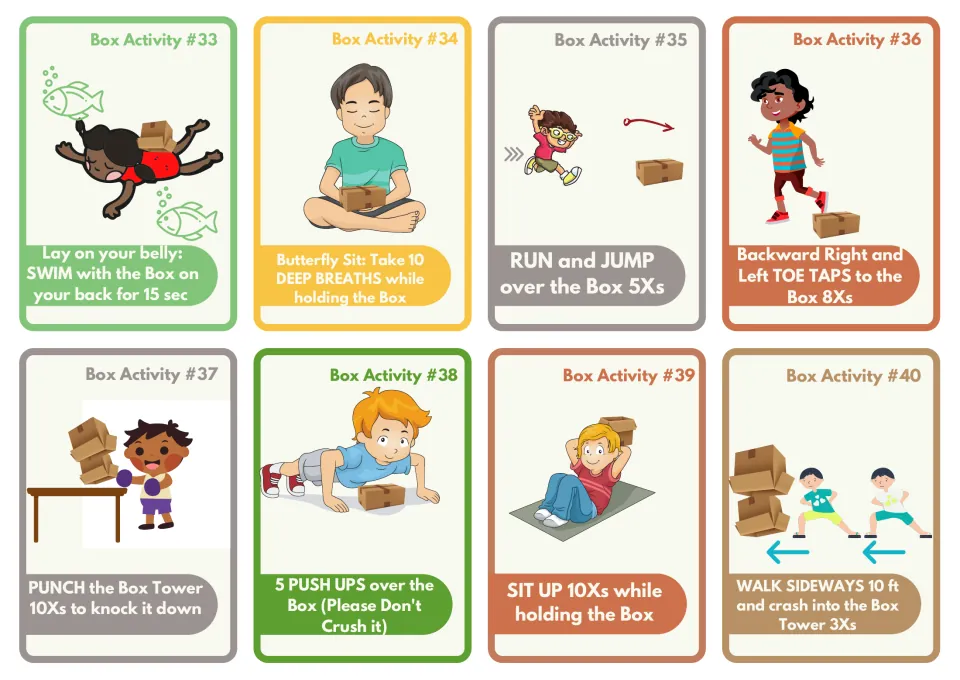 Box Activity cards 33-40: students swim on belly, breathe in butterfly sit, run and jump, punch a box tower, do push ups